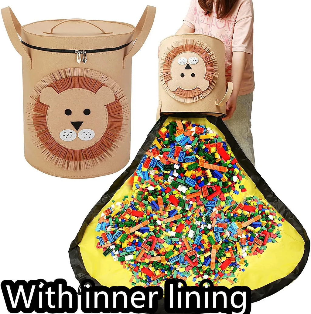 Green felt cube storage bag with pull rope shown as toy organiser and unfolded play mat