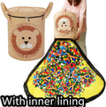 Green felt cube storage bag with pull rope shown as toy organiser and unfolded play mat