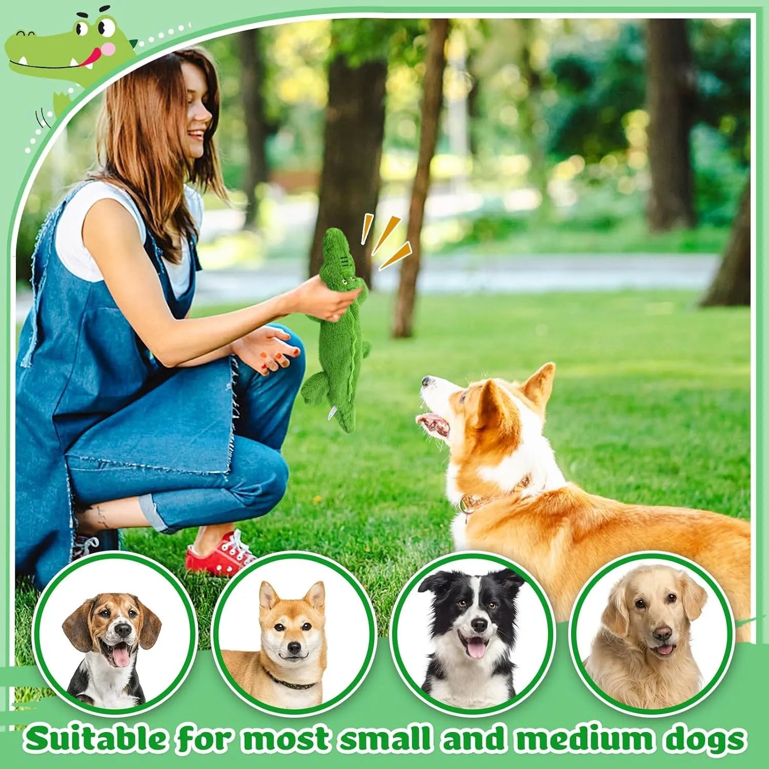 Green crocodile squeaky dog toy with crinkle tail for aggressive chewers