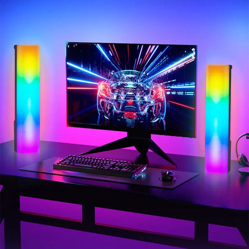 3D RGB music-reactive ambiance lamp with colourful light effects on a desktop