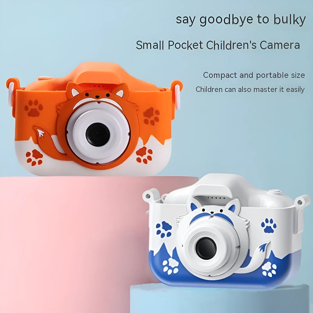 Children's HD digital camera in orange or blue with photo sticker and game functions