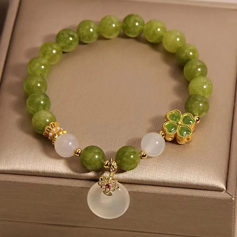 Natural stone green tourmaline four-leaf clover safety buckle bracelet for women, drop-shaped geometric new Chinese style, green colour