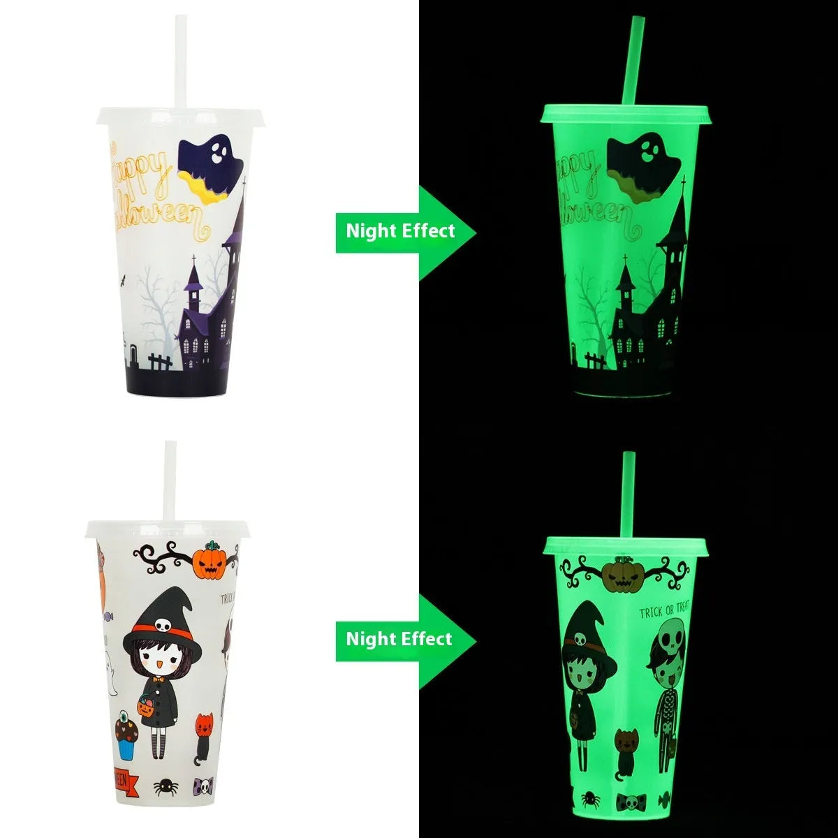 720ml plastic Halloween luminous straw cup in choice of six colours