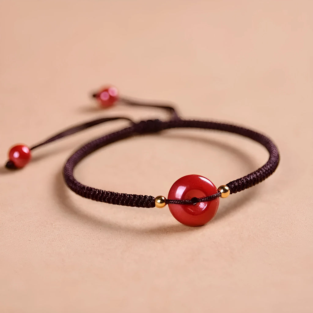 Cinnabar safety buckle bracelet with heart-shaped natural stone and adjustable rope in simple style coffee colour
