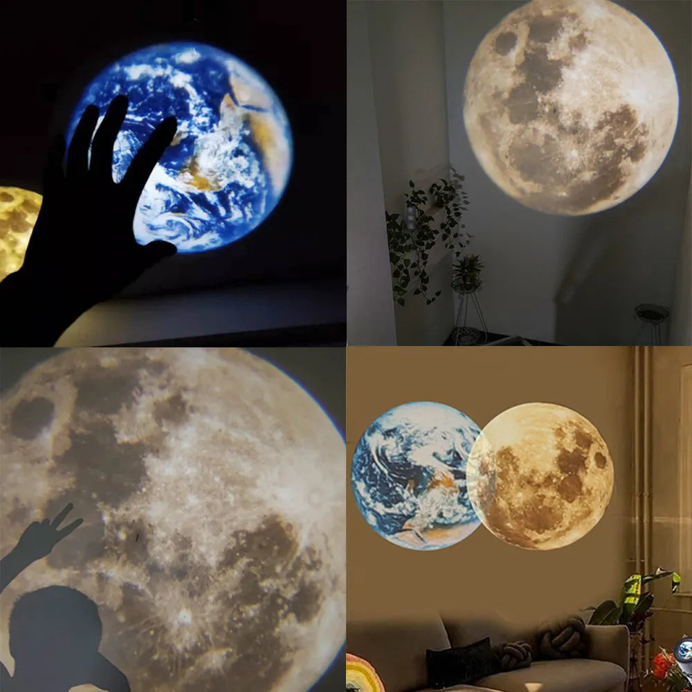 A 2 in 1 earth and moon projection lamp with a flexible hose bracket on a table