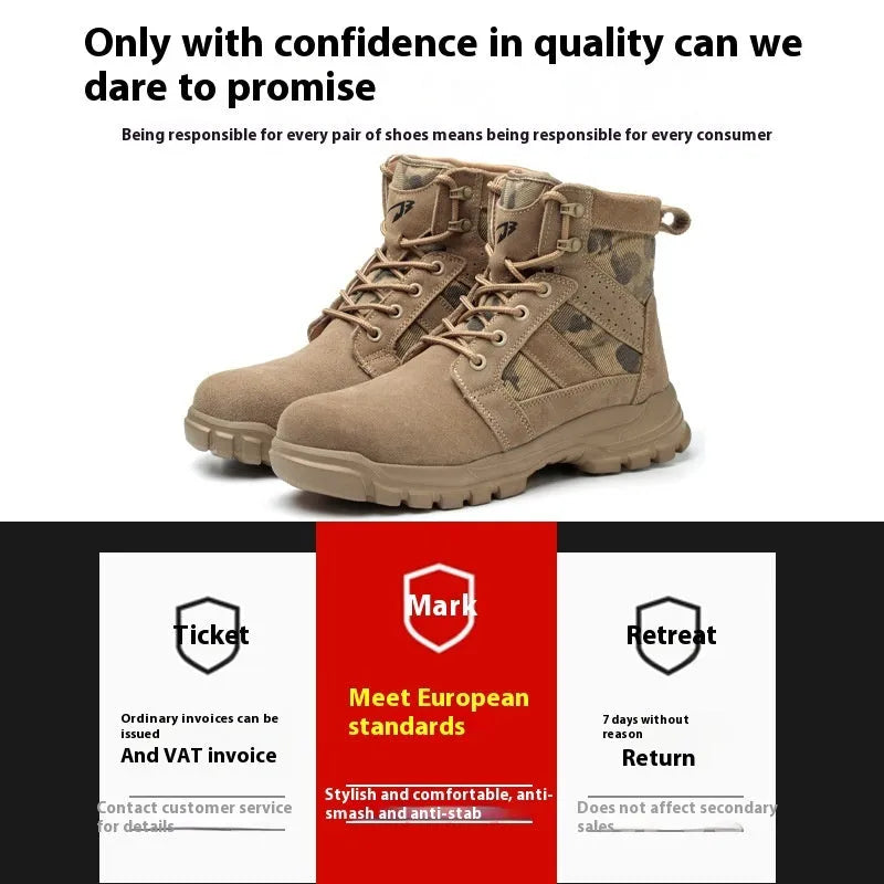 Khaki steel toe cap combat safety boots with suede upper and front lace-up closure