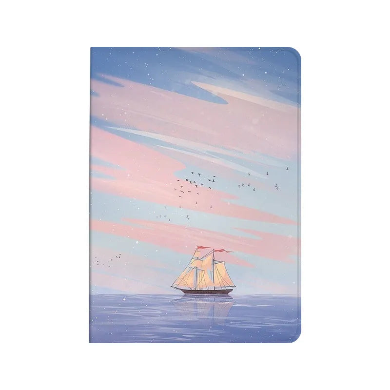 Silicone book-style iPad cover with dreamy painting style sailing design, fits multiple iPad sizes