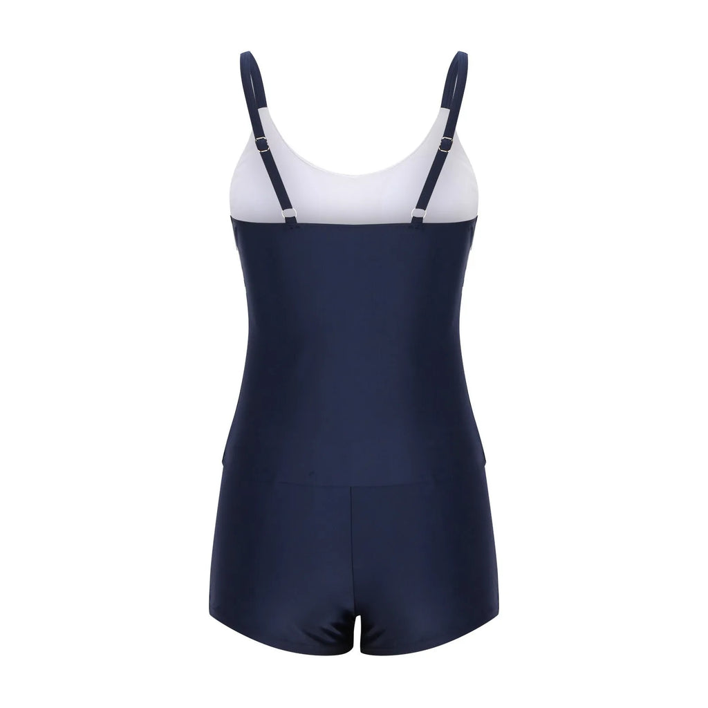 Ladies conservative striped boyshorts split fashion swimsuit in polyester, colour as shown