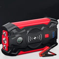 Red car emergency jump starter power bank with digital display and heavy-duty battery clips