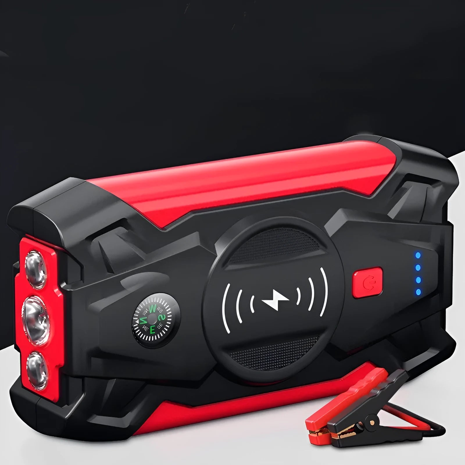Red car emergency jump starter power bank with digital display and heavy-duty battery clips