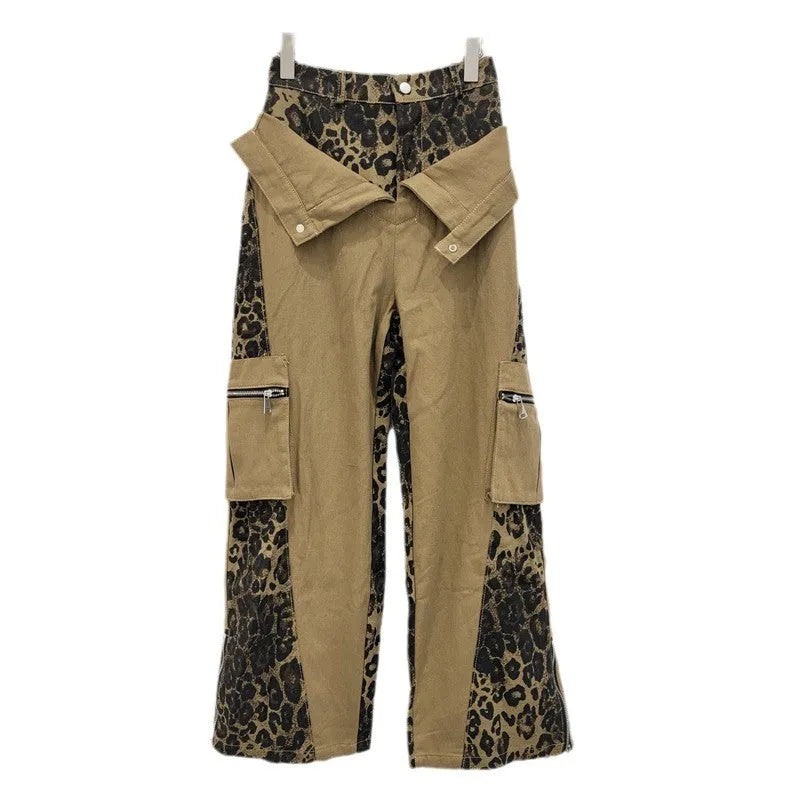 Women's dark khaki leopard print high waist jeans with tooling-style stitching detail