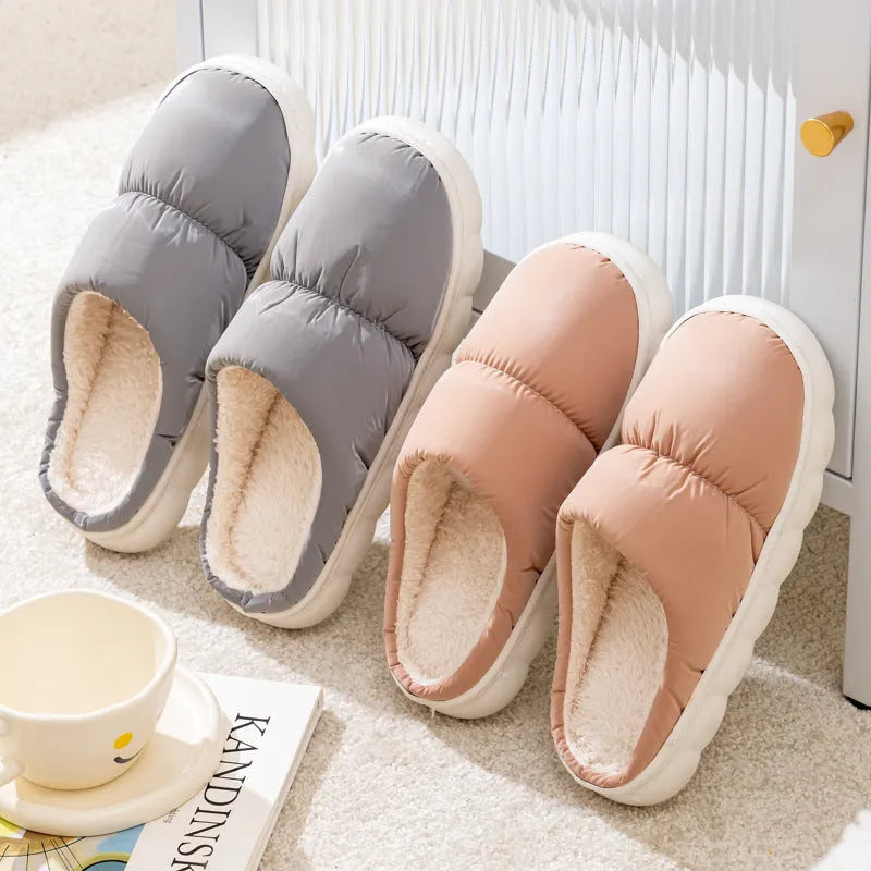 Artificial leather winter house slippers with thick rubber anti-slip soles and plush lining in blue colour