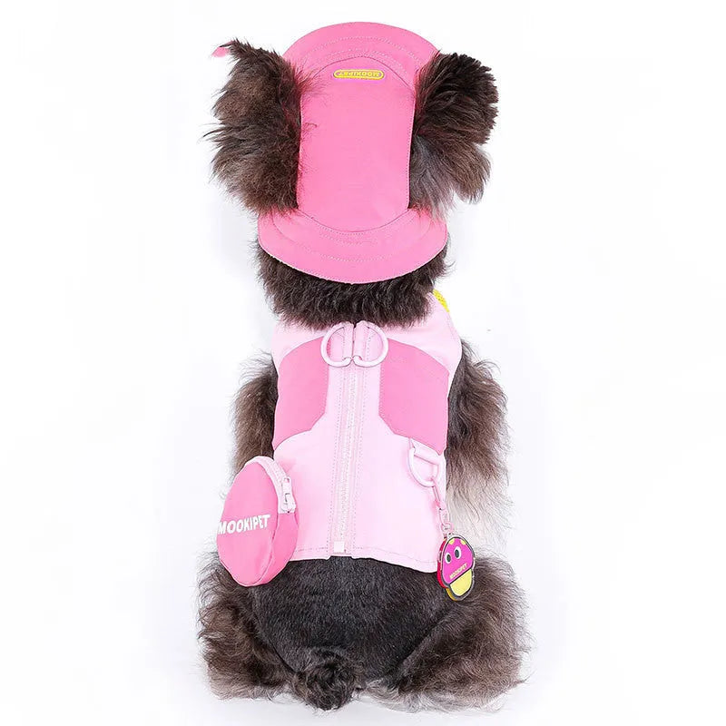 Pink polyester dog vest for small breeds like Bichon Frise on a white background.