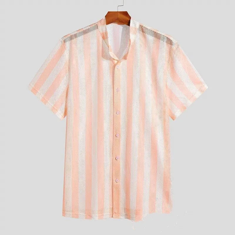 Men's pink waffle texture loose cardigan shirt with short sleeves on hanger