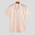 Men's pink waffle texture loose cardigan shirt with short sleeves on hanger