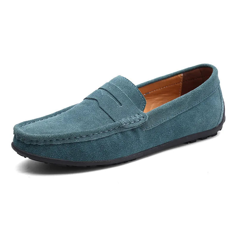 Men's brown suede leather casual loafers with rubber sole and round toe.