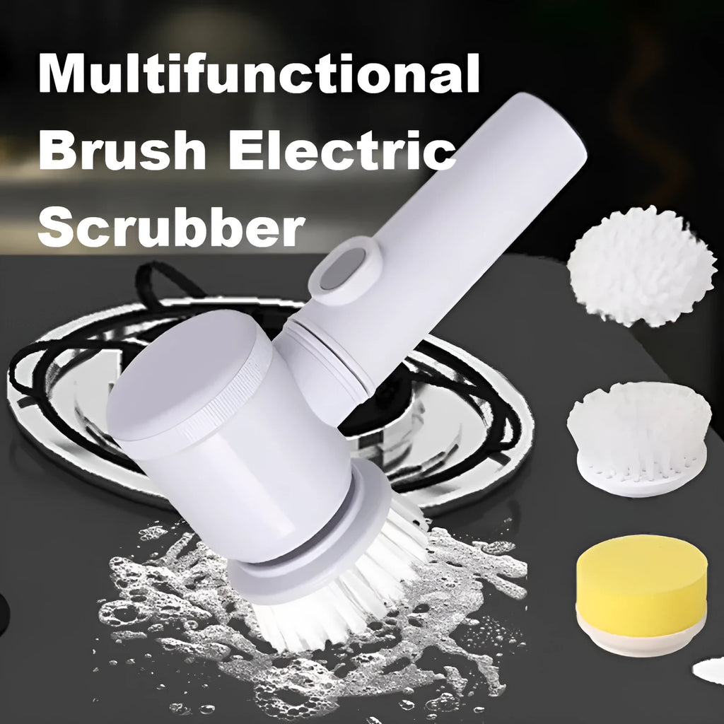 Rechargeable electric kitchen scrubber with nylon brush head and lambskin flannel cover on a ceramic hob