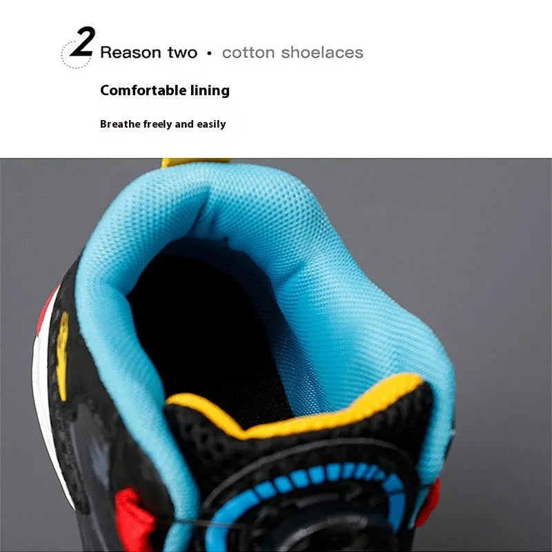 Children's black and coloured rotating button running shoes with a cushion basketball design on a white background