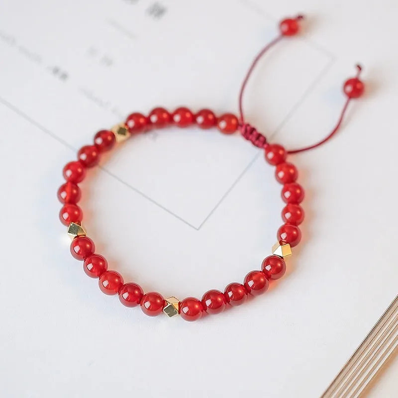 Women's hand-woven natural red agate beads bracelet diamond shape unisex ethnic style with electroplating finish