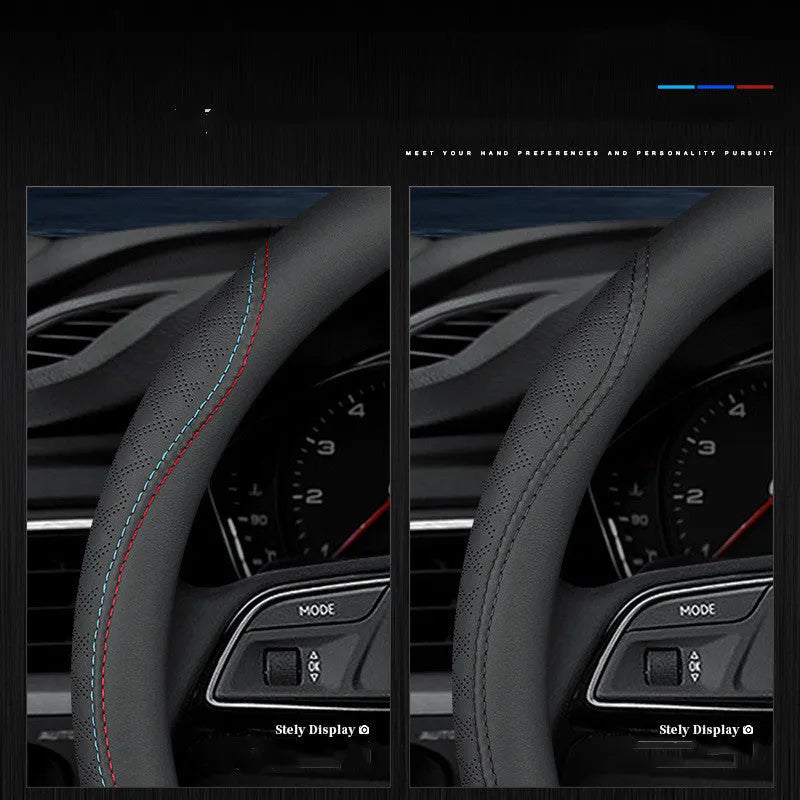 Black car steering wheel cover with two-colour line detail showing Napa leather texture and rubber inner ring