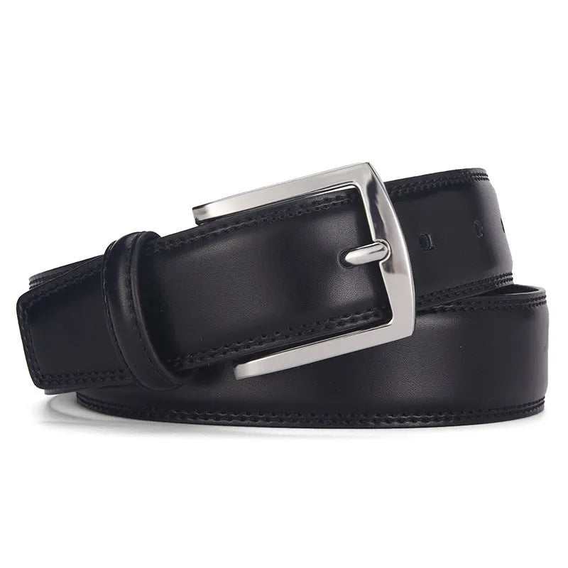 Men's black genuine leather belt with silver alloy pin buckle, showing adjustment holes and patent leather finish.