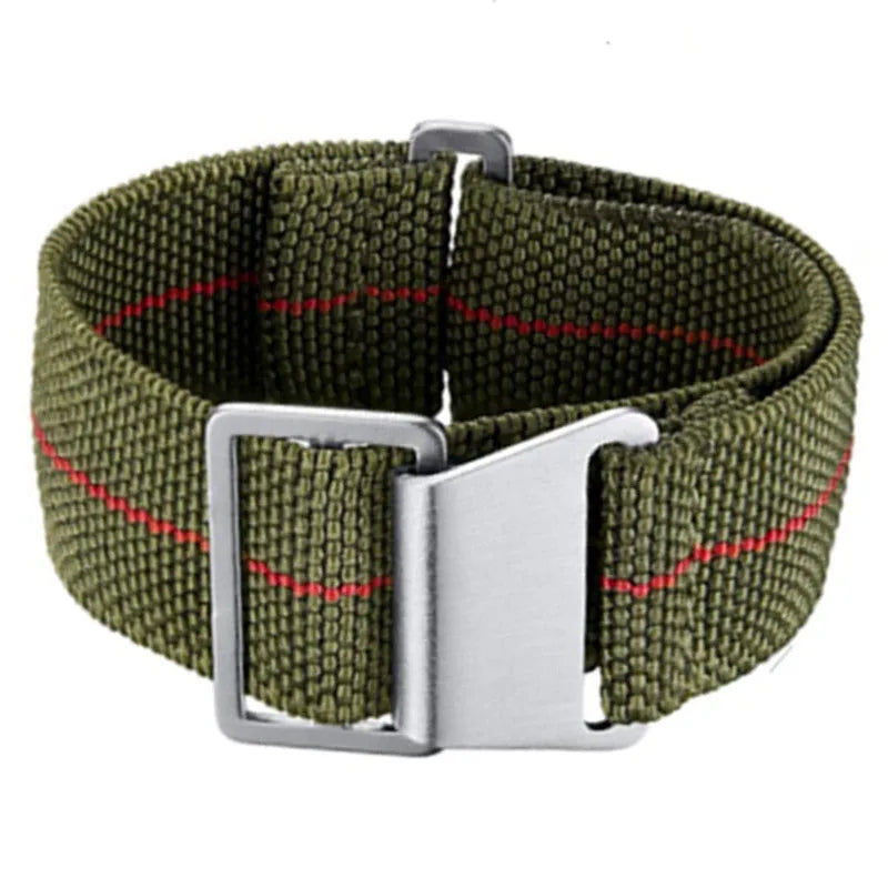 Elastic nylon parachute watchband in green with silver buckle, 20mm width