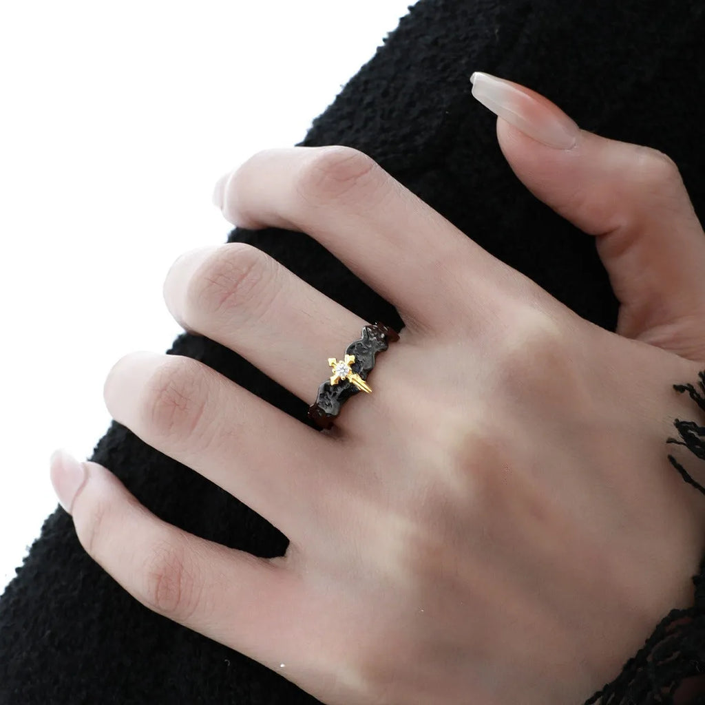 Adjustable silver couple ring with Princess Knight design in white gold or black gold electroplated finish.