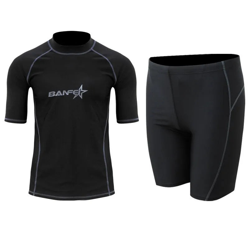 Men's quick-dry nylon swimsuit top and pants set for surfing and snorkelling.