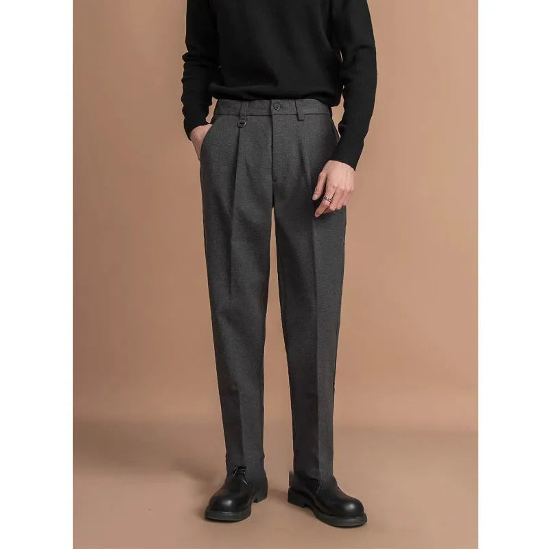 Men's straight leg business casual trousers in polyester fabric with draped styling