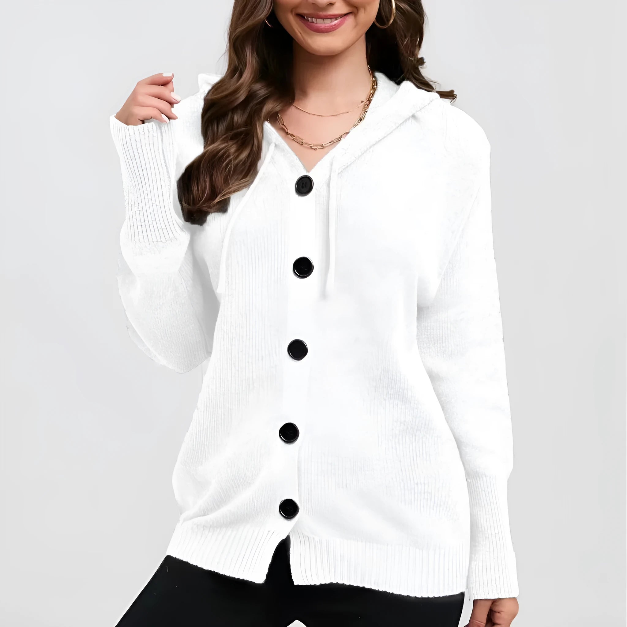 Women's solid colour hooded cardigan sweater in thick cotton fabric
