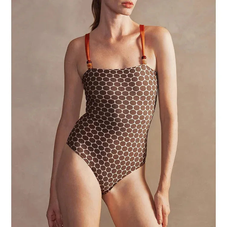 Women's double-sided one-piece swimsuit with dotted pattern and wrap skirt in high-stretch polyester