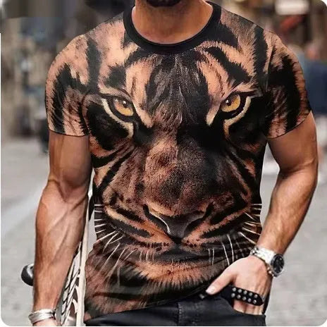 Men's black T-shirt with detailed 3D fierce lion graphic print on chest
