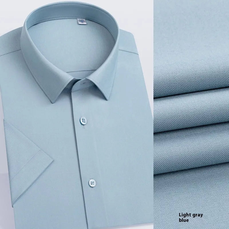 Men's regular fit non-ironing mulberry silk shirt in light blue with long sleeves, micro-elastic fabric