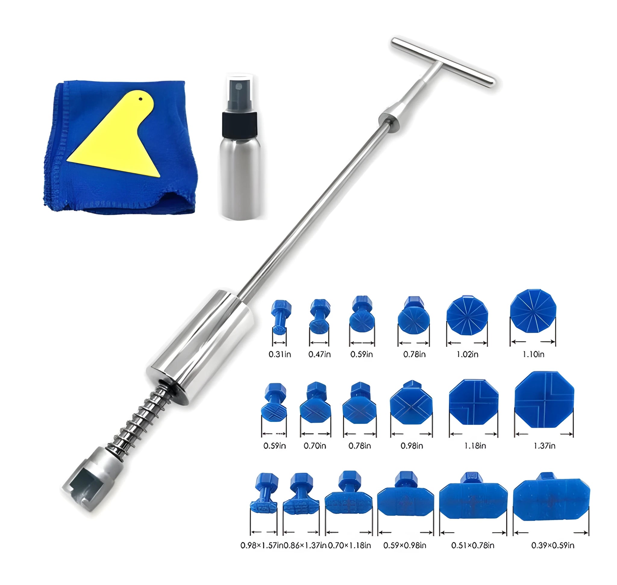 Metal automotive dent repair tool with T-hammer and blue adhesive pieces on a car body panel