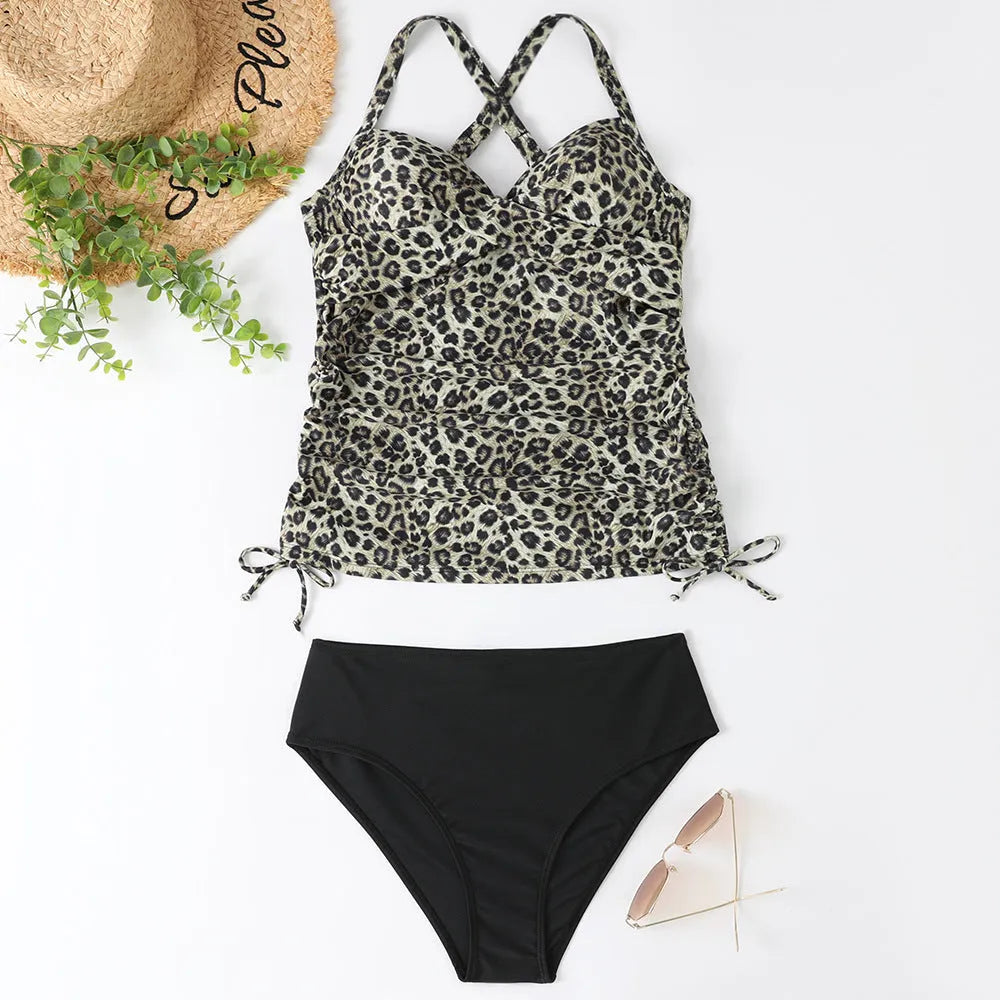 Women's solid colour nylon bikini set with high-waist briefs and backless top for swimming