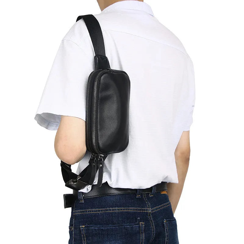 Men's small leather crossbody bag in brown, ultra-light cowhide with nylon lining, compact size for daily use