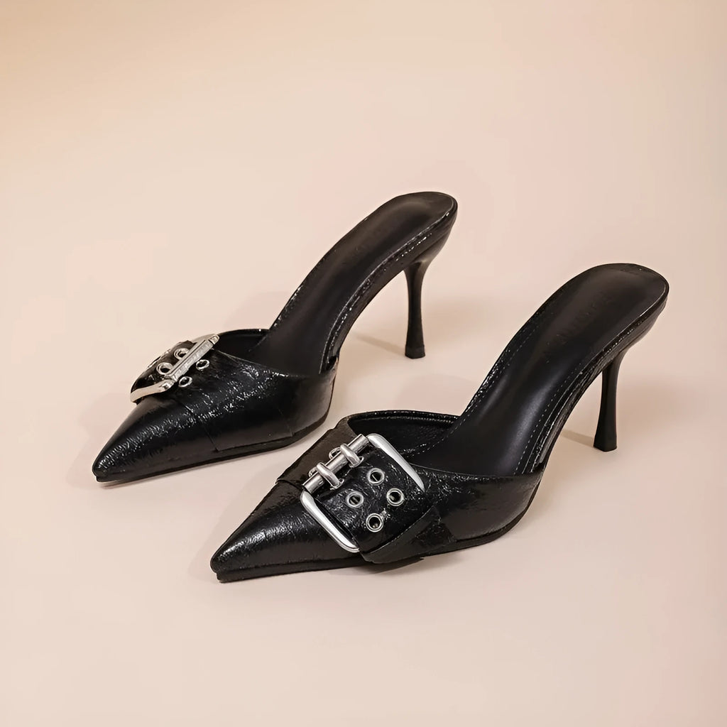 Women's black PU pointed toe high heels with buckle decoration on strap