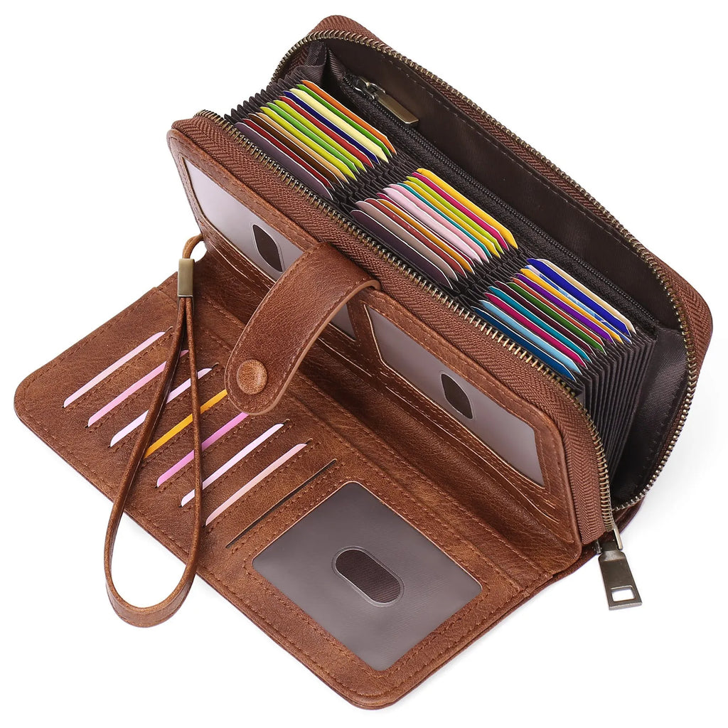 Women's expanding long wallet in PU leather with RFID anti-theft protection, shown in a light brown colour.