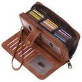 Women's expanding long wallet in PU leather with RFID anti-theft protection, shown in a light brown colour.