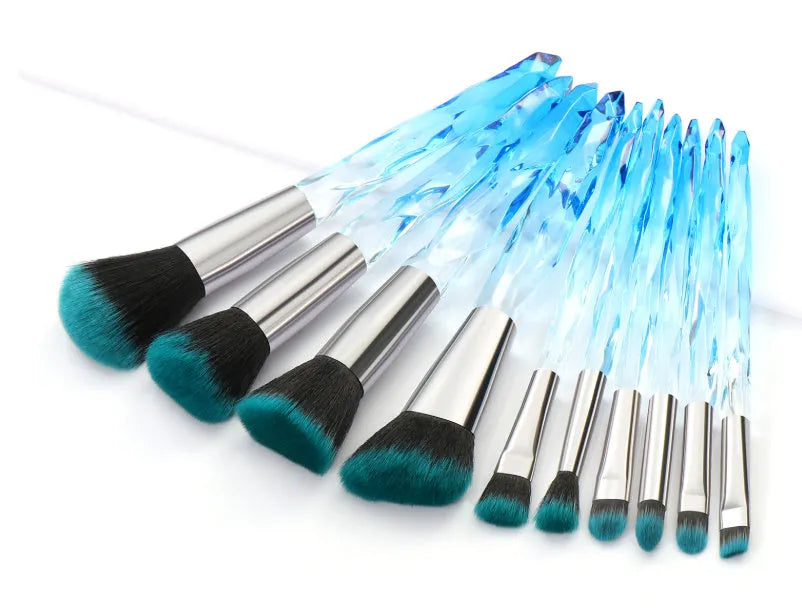 10 crystal-handled foundation brushes with artificial fibre bristles in four colour variations