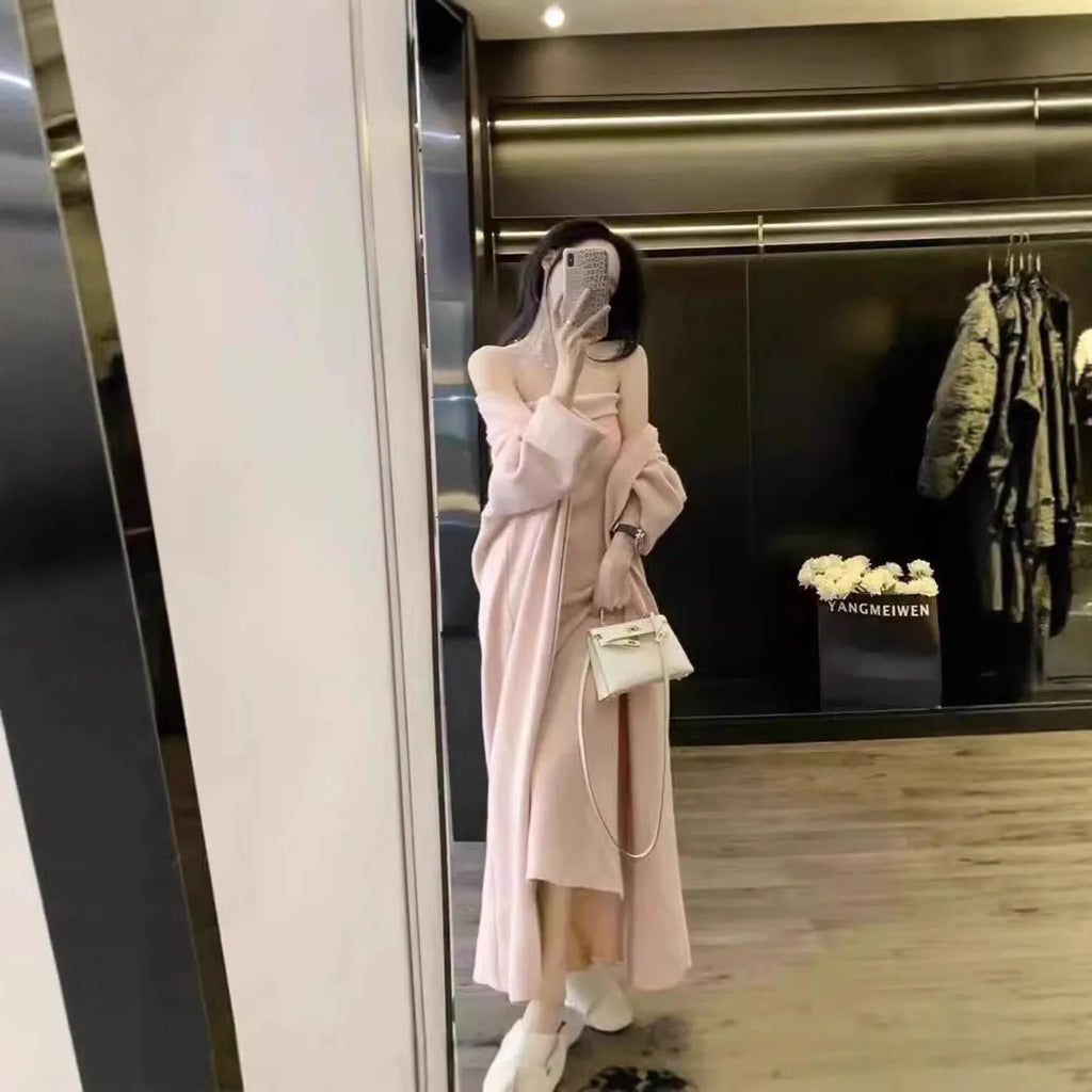 Women's grey knitted cardigan and long skirt dress suit with flocking detail