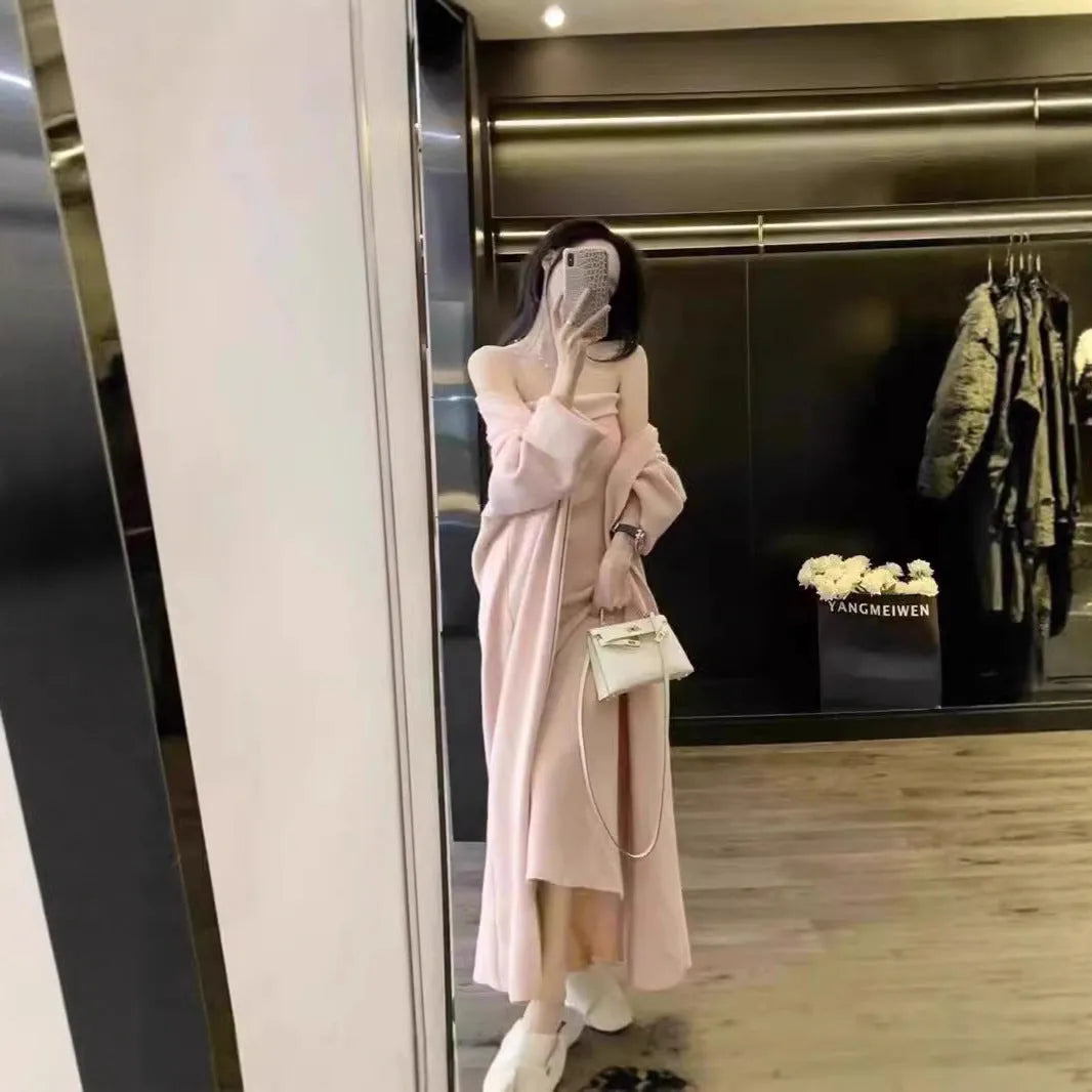 Women's grey knitted cardigan and long skirt dress suit with flocking detail
