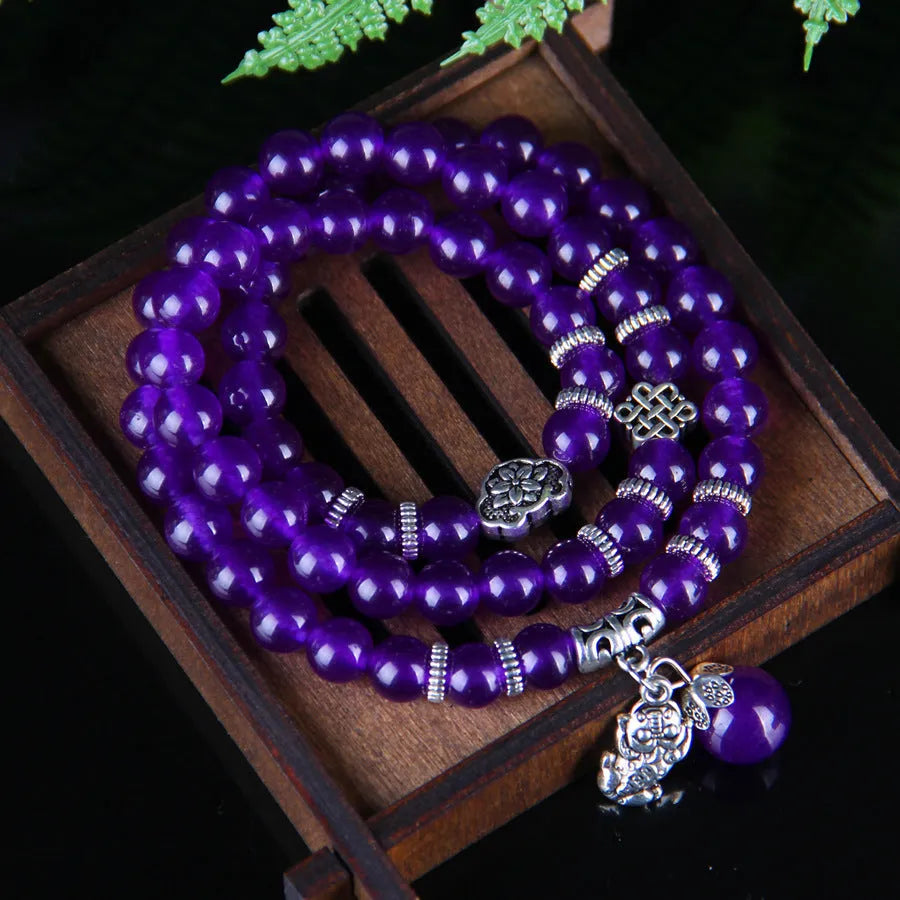 Natural purple chalcedony crystal bracelet with three circles of beads, women's ethnic style jewellery