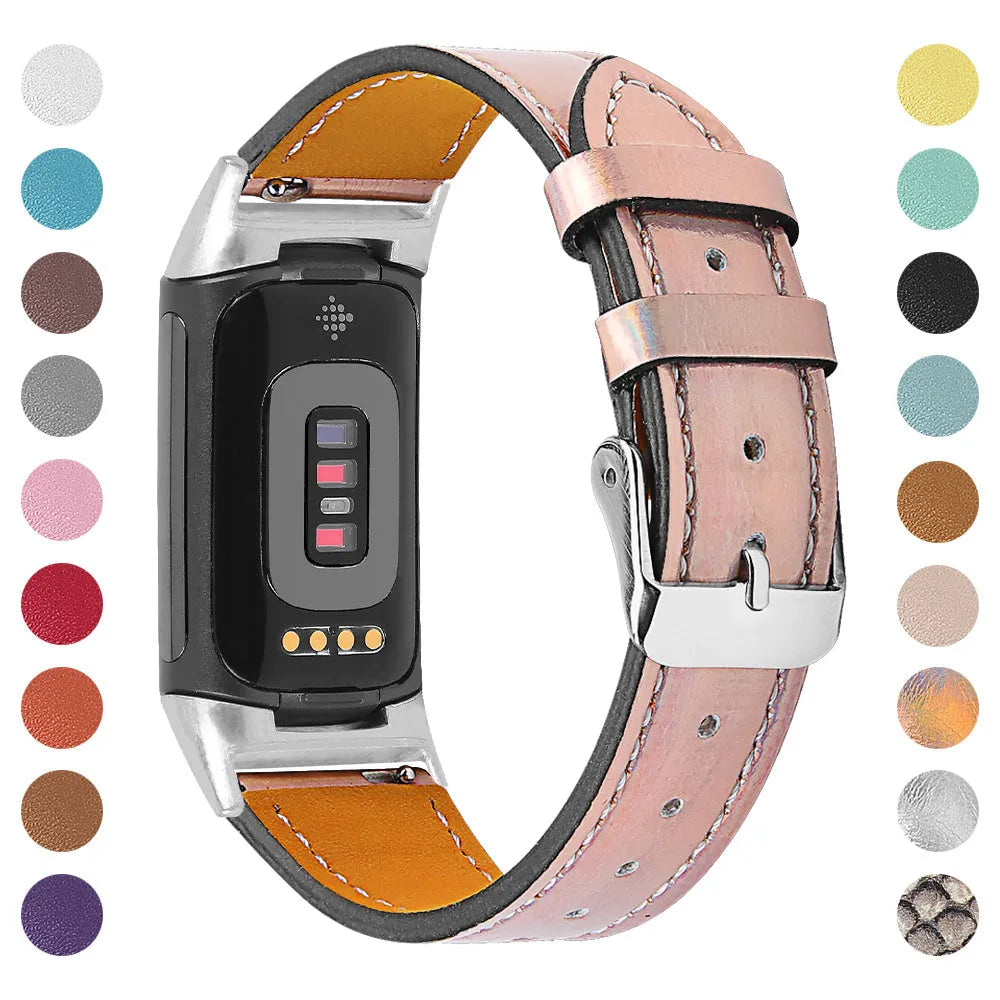 Genuine leather watch strap for Fitbit Charge 5 and Charge 6 smartwatches in apricot colour.
