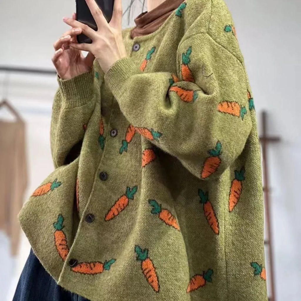 Mori artistic printing round neck loose cardigan sweater in pictured colour