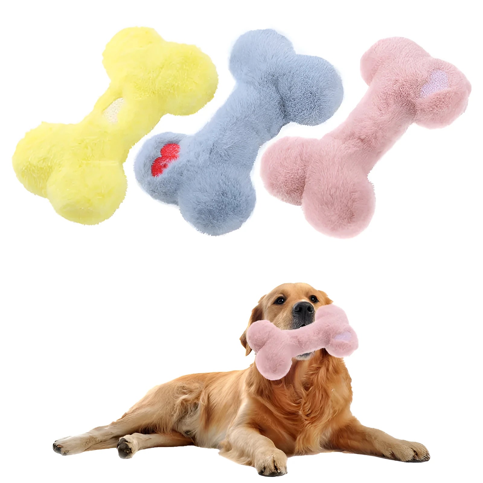 Blue pink and yellow plush bone dog toy with a textured grinding teeth surface.