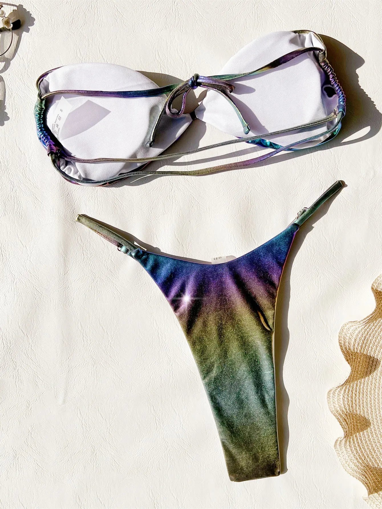 Women's gradient purple polyester bikini swimsuit showing colour transition effect