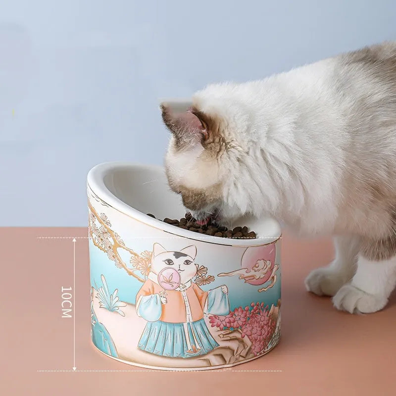 Chinese style ceramic cat bowl with high leg double bowl oblique mouth in universal colour