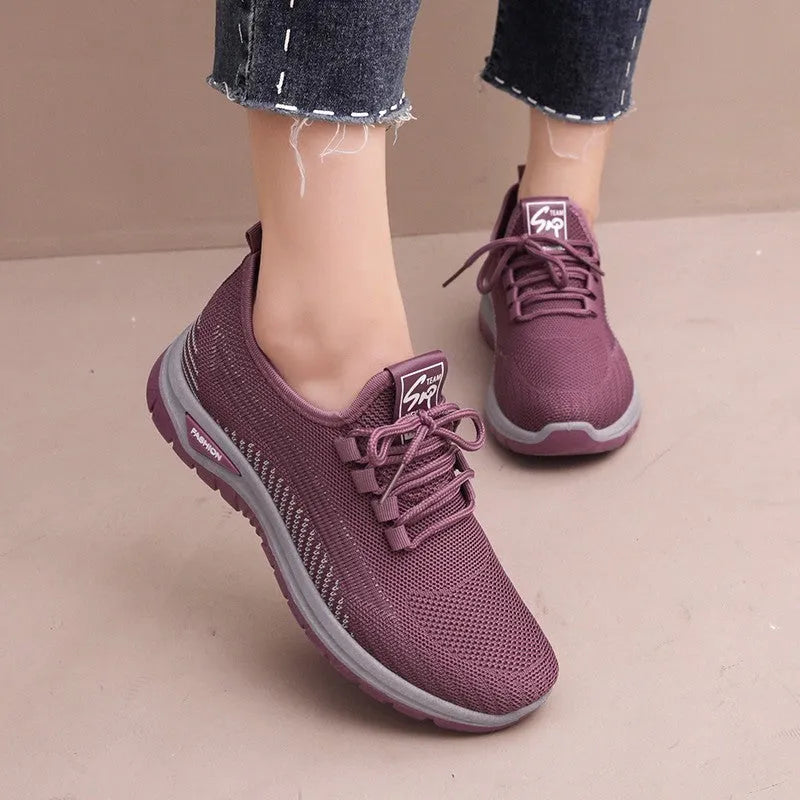 Women's mesh breathable plus size round toe sneakers with flat heel cross strap design in black gray purple