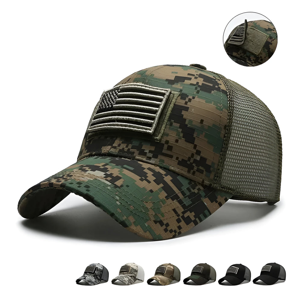 Tactical baseball hat with adjustable Velcro strap and camouflage pattern options